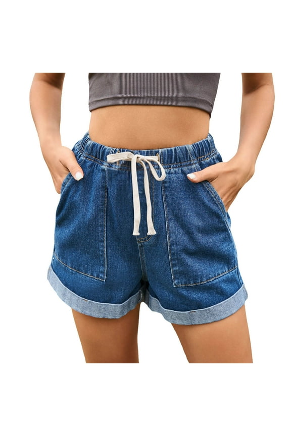 Shorts for Women Elastic Waist Lace Up Waisted Casual Roll Up Denim Gym Shorts