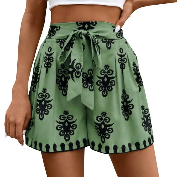 Shorts for Women Graphic Printed High Waist Baggy Tie Shorts Lightweight Wide Leg Summer Beach Pull On Pants