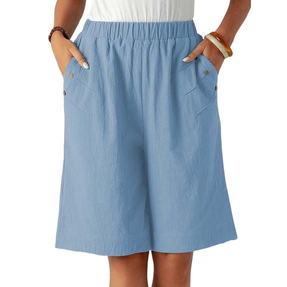 Shorts for Women Knee Length High Waisted Cotton Elastic Wasit Summer Dressy Casual Long Shorts Light Blue M