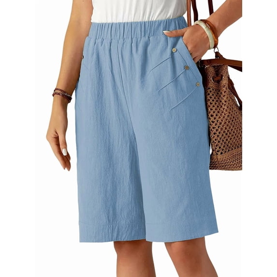 Shorts for Women Knee Length High Waisted Cotton Elastic Wasit Summer Dressy Casual Long Shorts Light Blue S