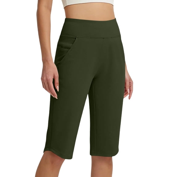 Shorts for Women Knee Length with Pockets High Waisted Stretch Long Bermuda Shorts for Summer Dressy Casual Dark Green 2XL