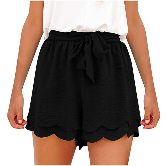 Shorts for Women Layered Petals Bowknot Tie Waist Drawstring Casual Solid Color Comfy High Waist Shorts with Pockets