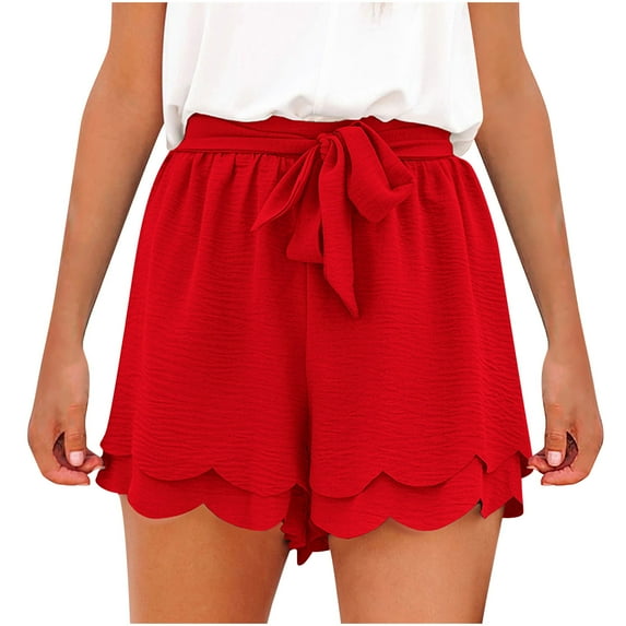 Shorts for Women Layered Petals Bowknot Tie Waist Drawstring Casual Solid Color Comfy High Waist Shorts with Pockets