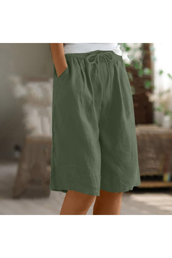 Shorts for Women, Linen Shorts for Women Wide Leg Knee Length Bermuda Shorts Summer Casual Capris High Waisted Capri Pant with Pockets