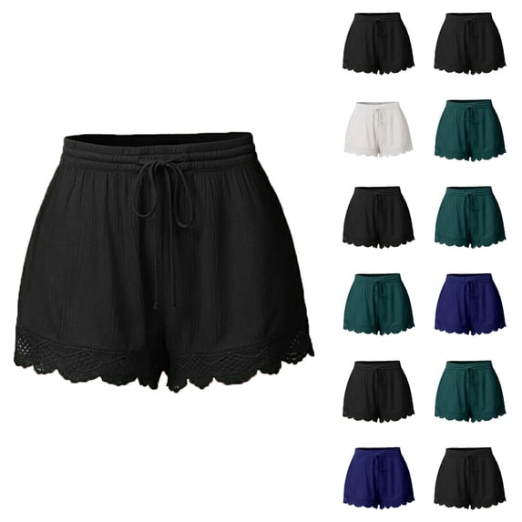 Shorts for Women Pack of 2 Summer Elastic High Waist Wave Lace Hem Wide Leg Relaxed Fit Casual Shorts