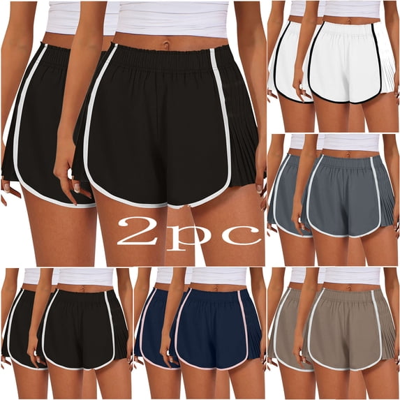 Shorts for Women Plus Size Clearance,,Xunlbb 2pc Women's Summer Solid Color Sexy Elastic Waist Side Pleated Casual Shorts ,Navy M