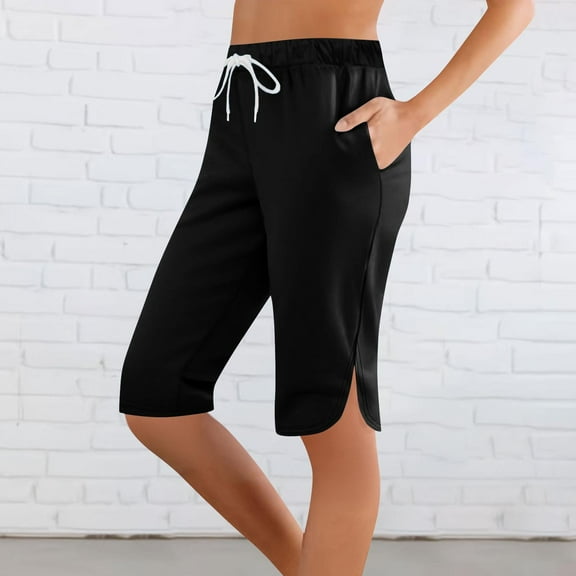 Shorts for Women Plus Size Elastic Waist Capris Pants Solid Printing Sports Casual with Pockets Shorts