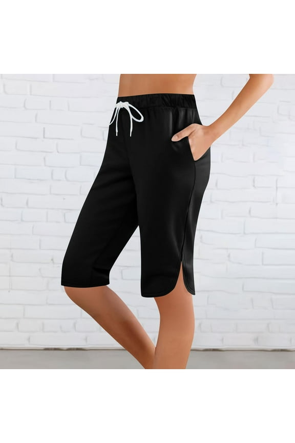 Shorts for Women Plus Size Elastic Waist Capris Pants Solid Printing Sports Casual with Pockets Shorts