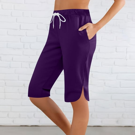 Shorts for Women Plus Size Elastic Waist Capris Pants Solid Printing Sports Casual with Pockets Shorts