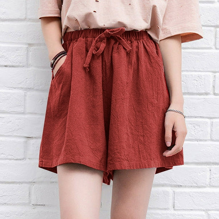 Shorts for Women Plus Size Mid Expandable Waist Drawstring Cotton - Main Image