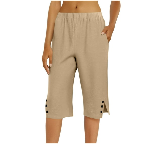 Shorts for Women Plus Size Pockets Summer Solid Color Loose Straight Leg Pants Side Slit Buttons Shorts