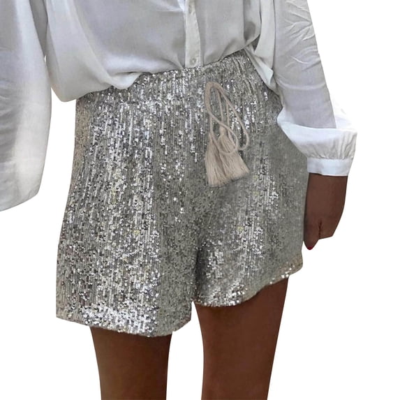 Shorts for Women Sequin High Waist Drawstring Metallic Hot Pants Sequin Glitter Festive Sparkly Bottoms