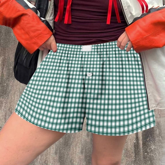 Shorts for Women Shorts Women's Shorts Cute Soft Plaid Print Button Front Pajama Bottoms Sleepwear for Comfortable Relaxed Fit Green S
