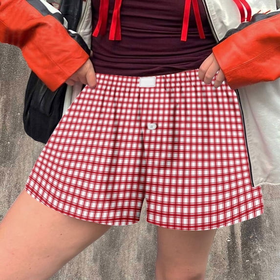 Shorts for Women Shorts Women's Shorts Cute Soft Plaid Print Button Front Pajama Bottoms Sleepwear for Comfortable Relaxed Fit Red XL