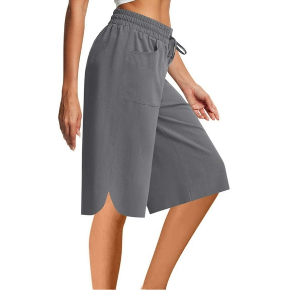 Shorts for Women Solid Color Cotton Linen Elastic Waist Drawstring Casual Bermuda Shorts with Pockets Gray XXL
