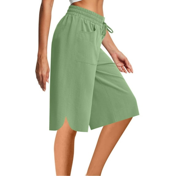 Shorts for Women Solid Color Cotton Linen Elastic Waist Drawstring Casual Bermuda Shorts with Pockets Green XXL