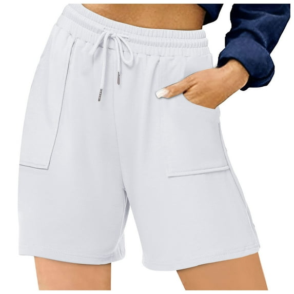 Shorts for Women Sports Solid High Waist Summer Shorty with Pockets and Drawstring Leisure Running Gym Fitness Pants White L