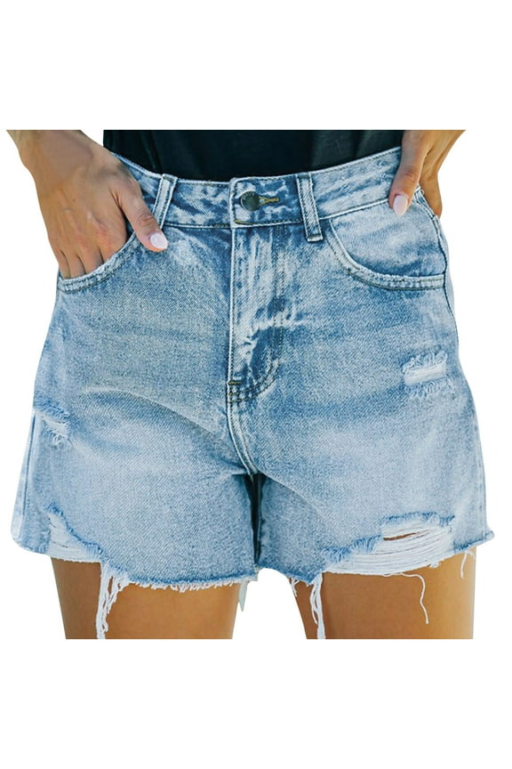 Shorts for Women Stretchy Distressed Denim Pants with Pockets Hem Buckle Waist Hot Pants Winter Trendy Jeans Short