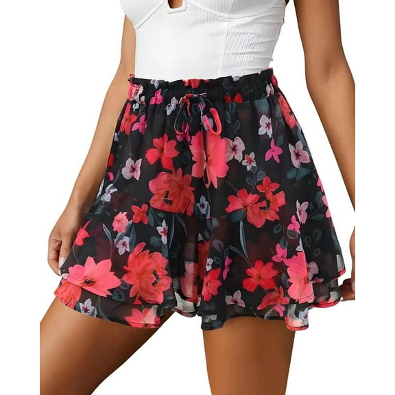 Women'S Ruffled Skirt Red Flowers on Black Background XS