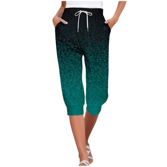 Shorts for Women Summer Casual Elastic Fashion Printed Capri Pants Drawstring Athletic Trousers Loose High Waisted Short S-2XL