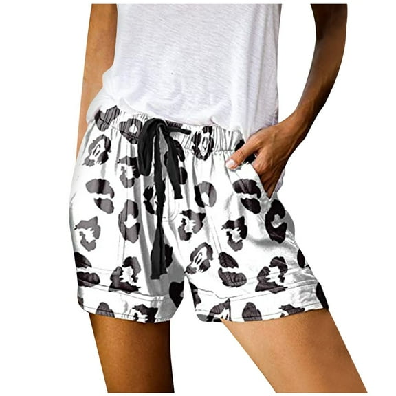 Shorts for Women Summer Comfy Leopard Drawstring Elastic Waist Casual Pants Flowy Shorts with Pockets S-5XL