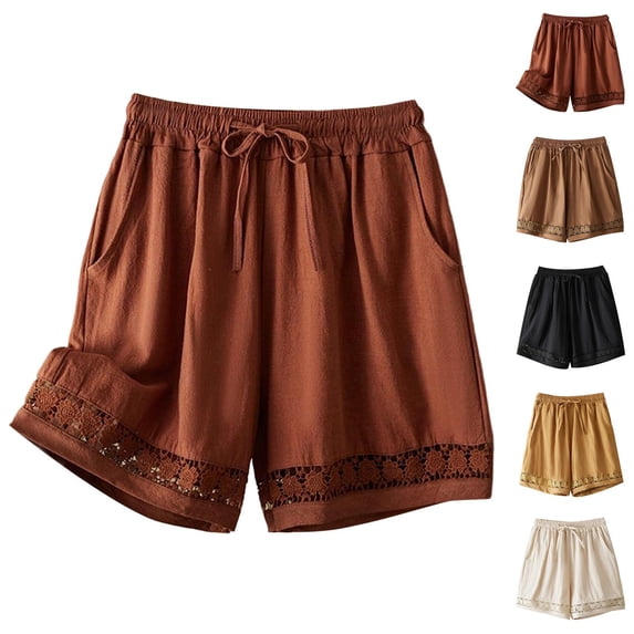 Shorts for Women Summer Cotton Linen Elastic Waist Lace Hollow out Hem Wide Leg Vintage Boho Casual Shorts with Pockets