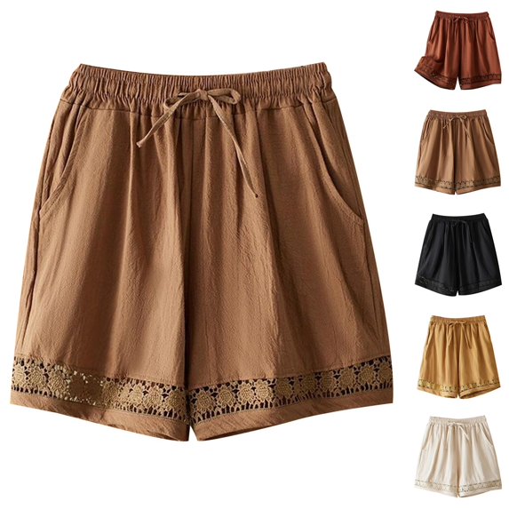 Shorts for Women Summer Cotton Linen Elastic Waist Lace Hollow out Hem Wide Leg Vintage Boho Casual Shorts with Pockets