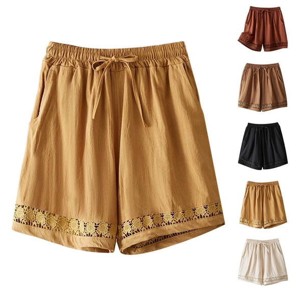 Shorts for Women Summer Cotton Linen Elastic Waist Lace Hollow out Hem Wide Leg Vintage Boho Casual Shorts with Pockets