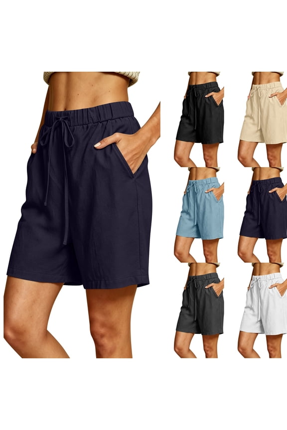 Shorts for Women Summer Drawstring Elastic Waist Casual Bermuda Shorts with Pockets Dressy Casual Lounge Tunic Clothes Navy S