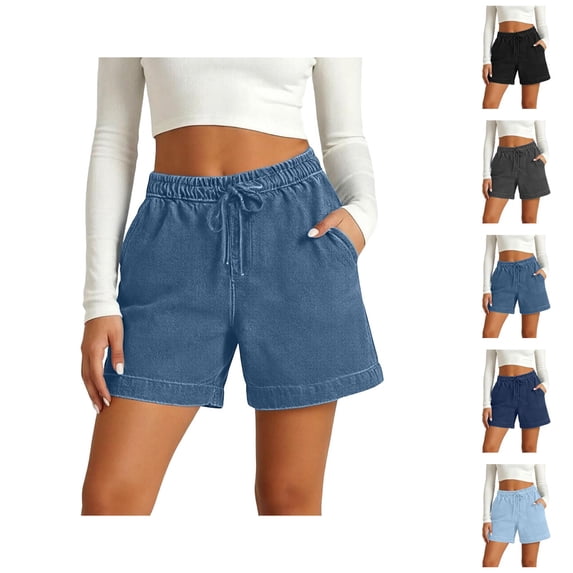 Shorts for Women Summer Elastic High Waist Wide Straight Leg Relaxed Fit Casual Shorts with Pockets