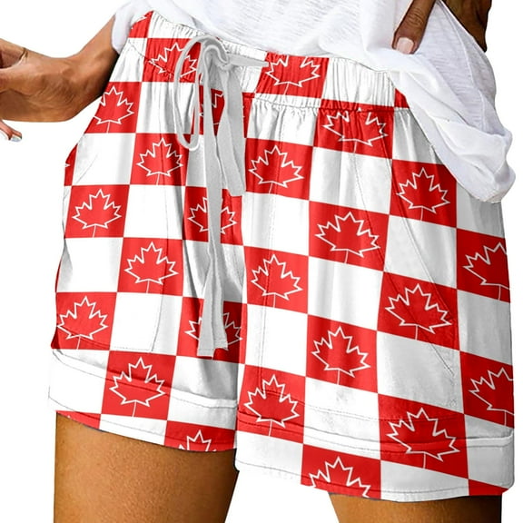Shorts for Women Summer Elastic High Waisted Canada Day Print Tie Waist Elastic Band Trendy Casual Shorts with Pockets S-2XL
