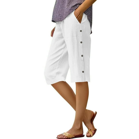 Shorts for Women Summer Pull On Bermuda Cotton Linen Shorts Knee Length Casual Beach Yoga Shorts with Pockets Solid Color Capris,White,S