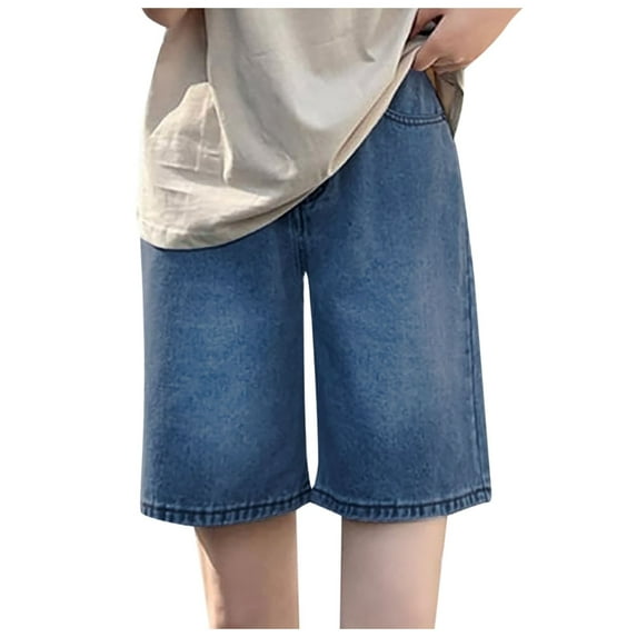 Shorts for Women Summer Solid Color Baggy Denim Shorts Thin Breathable Knee Length Casual Jeans Bermuda Shorts for Women Dark Blue S