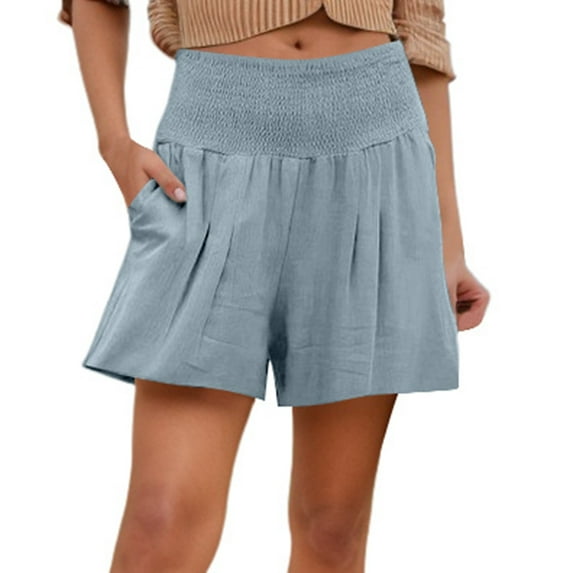 Shorts for Women Summer Solid Color High Waist Elastic Waist Wide Leg Casual Jean Shorts with Pockets S-5XL