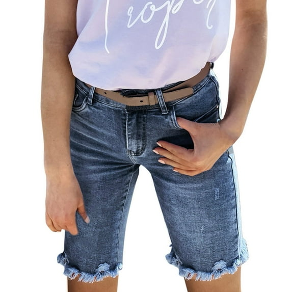 Shorts for Women Trendy Flowy Jeans Solid Color Blue Denim With Ripped With Pockets Shorts for Women Trendy