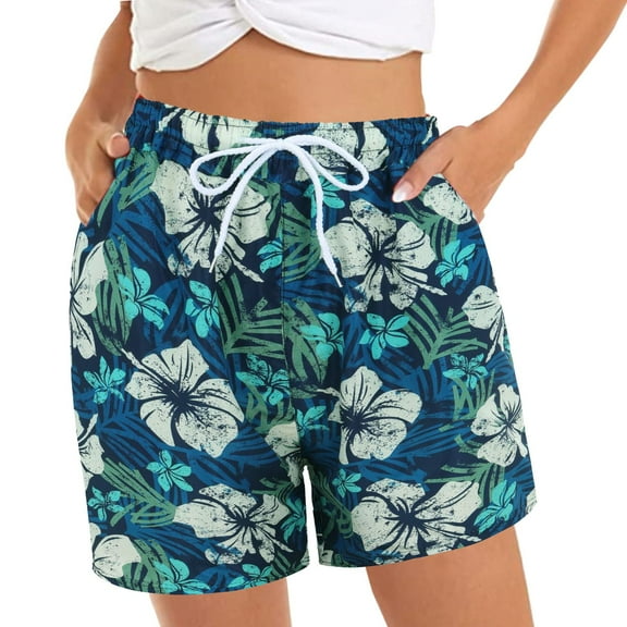 Shorts for Women Trendy Summer 2025 Casual Comfy Beach Elastic Waist Floral Print Beach Vacation with Pockets S-3XL