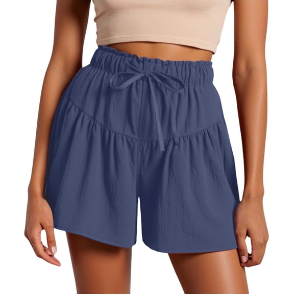 Shorts for Women Trendy Summer 2025 Drawstring Ruffle Elastic High Waist Solid Color Casual Beach Flowy Shorts with Pockets S-3XL