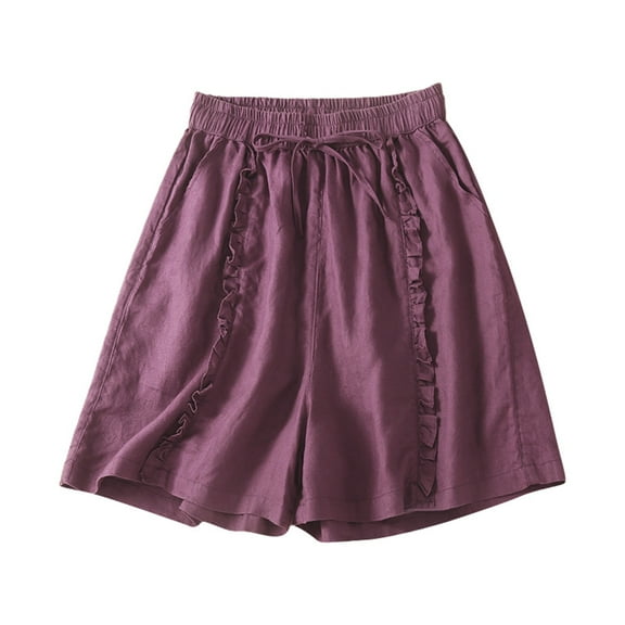 Shorts for Women Trendy Summer 2025 Linen High Waist Wide Leg Ruffled Hem Retro Vintage Loose Casual Shorts M-3XL