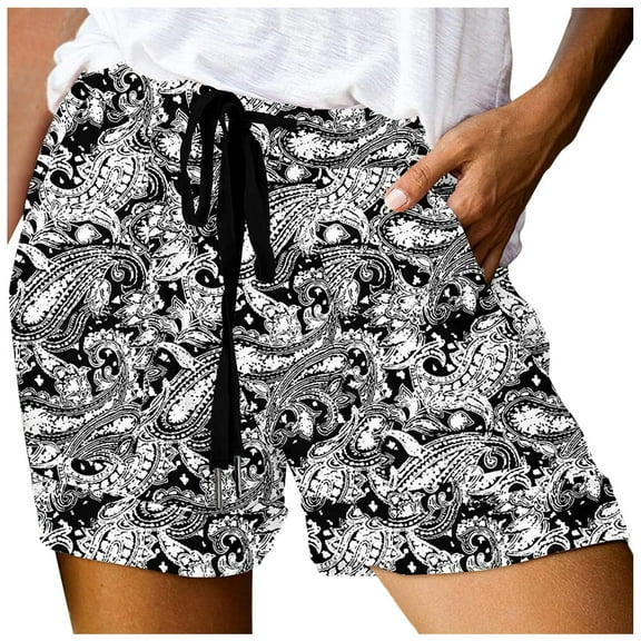 Shorts for Women Trendy Summer 2025 Plus Size Printing Casual Beach Drawstring Loose Cute Vacation Clothes Flowy Shorts with Pockets S-5XL