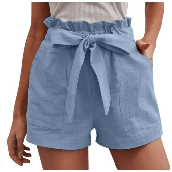Shorts for Women Trendy Summer 2025 Ruffle Hem Bow Tie Waistband High Waisted Baggy Dressy Casual Womens Jorts with Pockets S-2XL