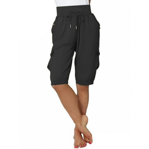 Shorts for Women Trendy Summer 2025 Solid Color Drawstring Loose Cargo Wide Leg Cropped Pants Casual Shorts S-5XL