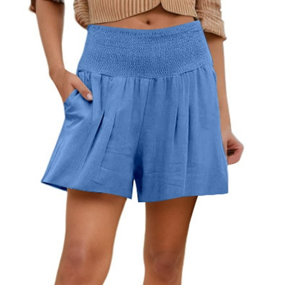 Shorts for Women Trendy Summer 2025 Solid Color High Waist Elastic Waist Wide Leg Casual Beach Vacation with Pockets S-5XL