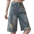 thumbnail image 1 of Shorts for Women Trendy Summer 2025 Womens Solid Color Perforated High Waisted Pocket Plus Wide Leg Jeans Blue S, 1 of 4