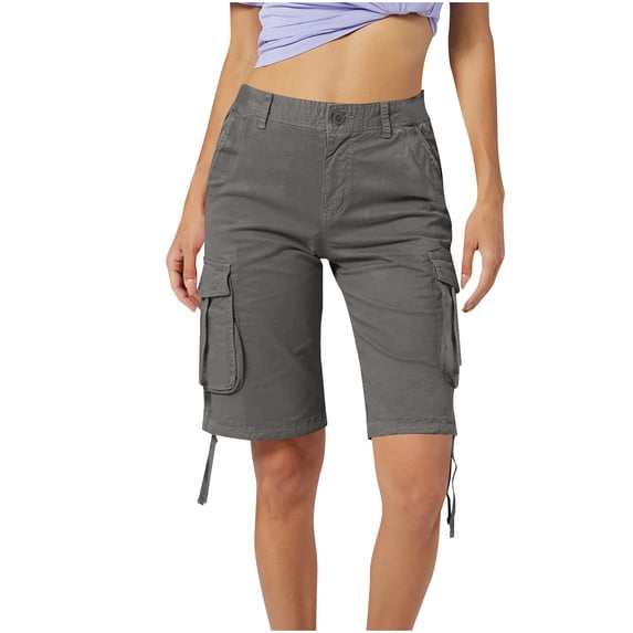 Shorts for Women Trendy,Women's Cargo Shorts, Loose Fit Zipper Multi-Pockets Twill Knee-Length Bermuda Drawstring Shorts