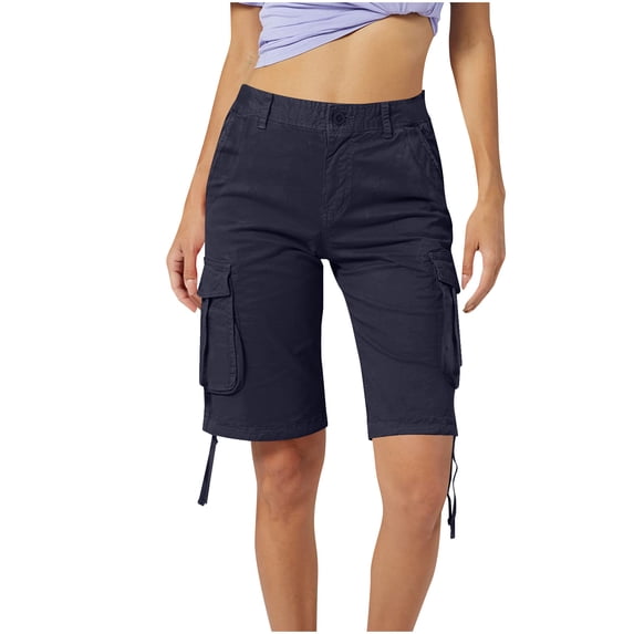 Shorts for Women Trendy,Women's Cargo Shorts, Loose Fit Zipper Multi-Pockets Twill Knee-Length Bermuda Drawstring Shorts