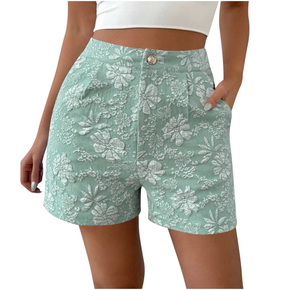 Shorts for Women Trendy,Womens Retro Floral Jacquard Shorts High Waisted Button Straight Leg Short Pants Casual Loose Cute Shorts with Pockets
