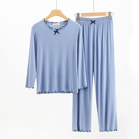 Shorts for Women Two Piece Sets for Women Summer Ndbuld Pajamas for Women Long Sleeve Sleepwear Soft Loungewear Ladies Pjs Set Blue L