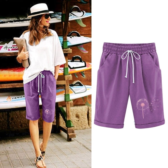 Shorts for Women Vmvidoty Elastic Waistband Drawstring Summer Casual Cotton Big & Tall Relaxed Fit Work Shorts Purple S