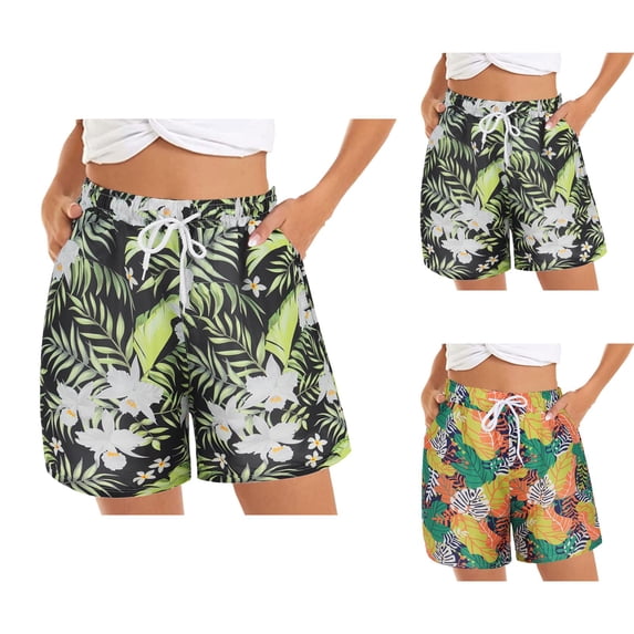 Shorts for Women Women'S Casual Summer Beach Shorts Elastic Waist Floral Print With 2 Pockets