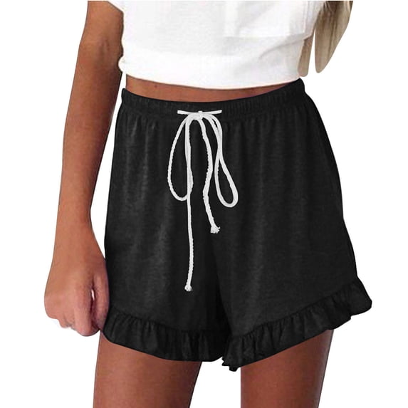 Shorts for Women, Women Summer Beach Shorts, Solid Color Drawstring Waist Casual Shorts Fashion Baggy Ruffle Ruched Hem Comfy Clothes